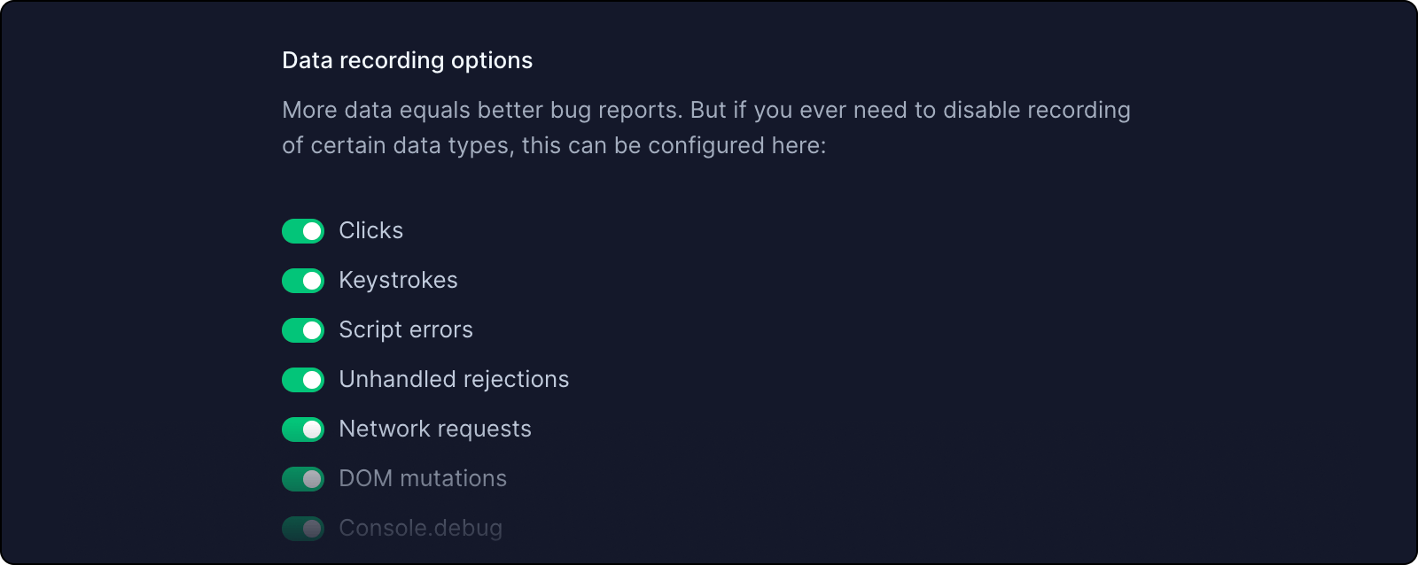 recording data types settings